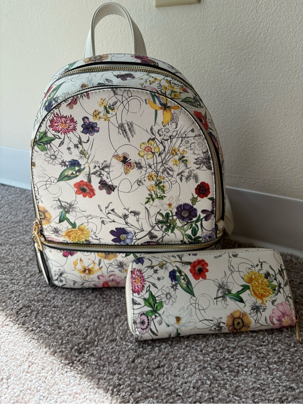Floral Print Mini Backpack & Wallet Set